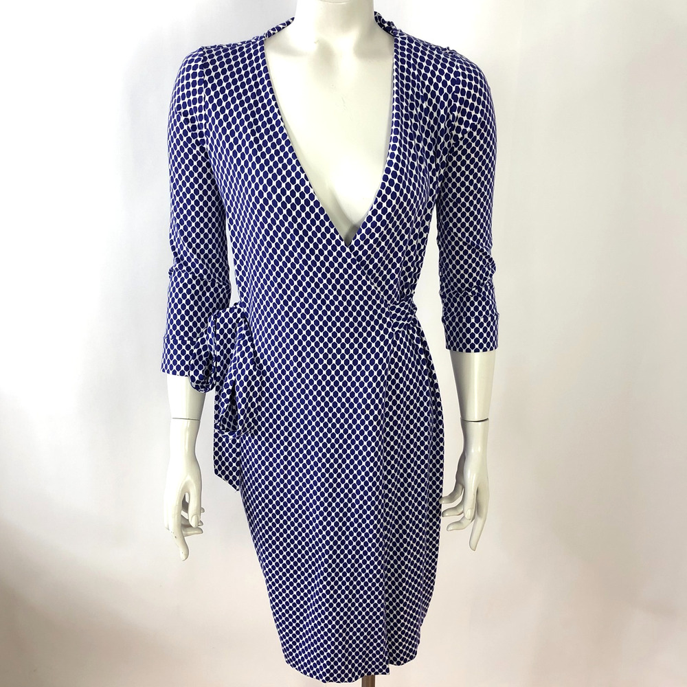 Diane Von Furstenberg Blue and White Printed Wrap Mini Dress